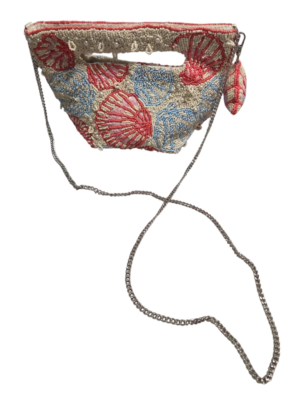 Beaded Seashell Crossbody Bag in Coral and Blue